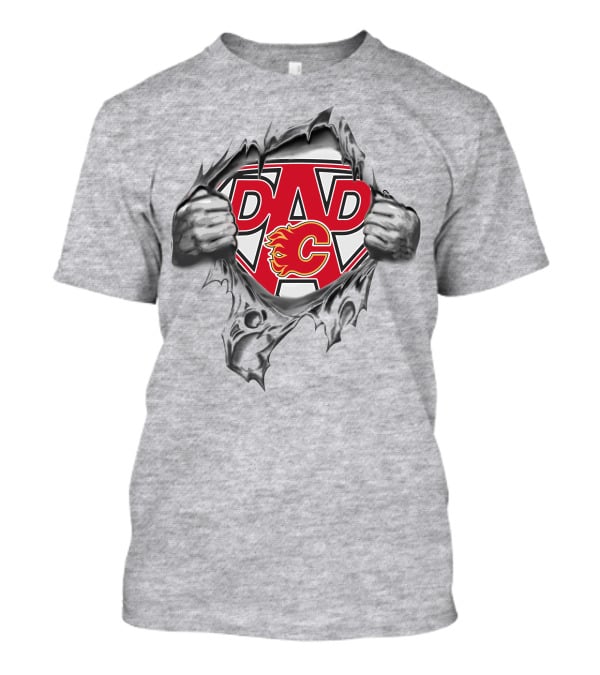 Calgary Flames Dad Super Emblem With Ripped Effect And Flames T-Shirt