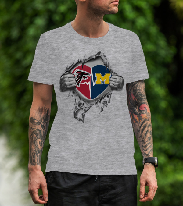 Heart Of Michigan Wolverines And Atlanta Falcons Logos On Torn Fabric T-Shirt