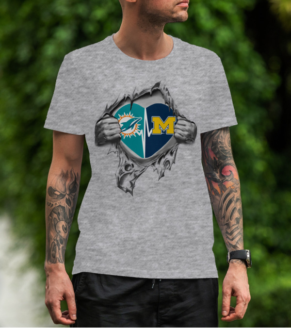 Miami Dolphins Michigan Wolverines Heart Torn T-Shirt