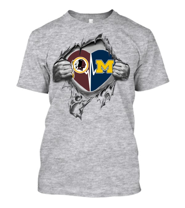 Michigan Wolverines Washington Commanders Heartbeat Logo Fusion T-Shirt