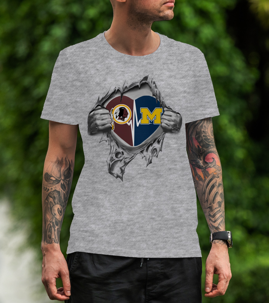 Michigan Wolverines Washington Commanders Heartbeat Logo Fusion T-Shirt