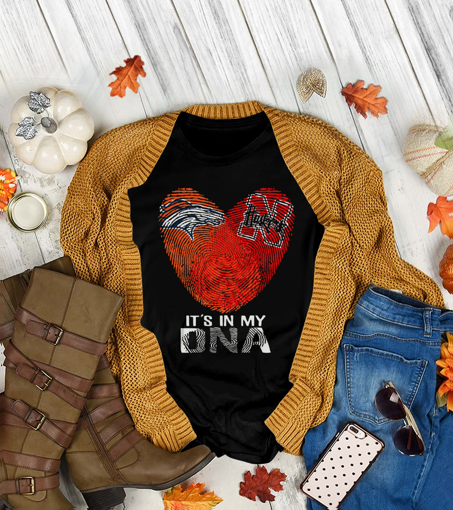 Denver Broncos Nebraska Cornhuskers Heart Thumbprint It's In My DNA T-Shirt