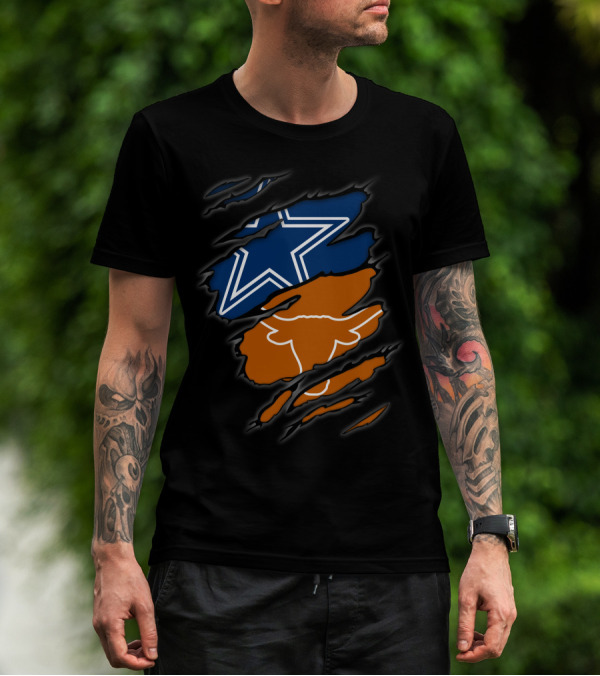 Cowboys Star And Texas Longhorns Logo Peeking Through Ripped T-Shirt