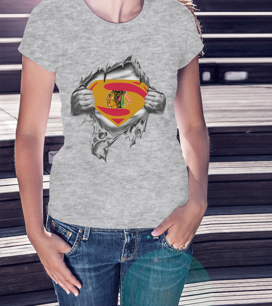 Blackhawks Superman Emblem Tear With Hands T-Shirt
