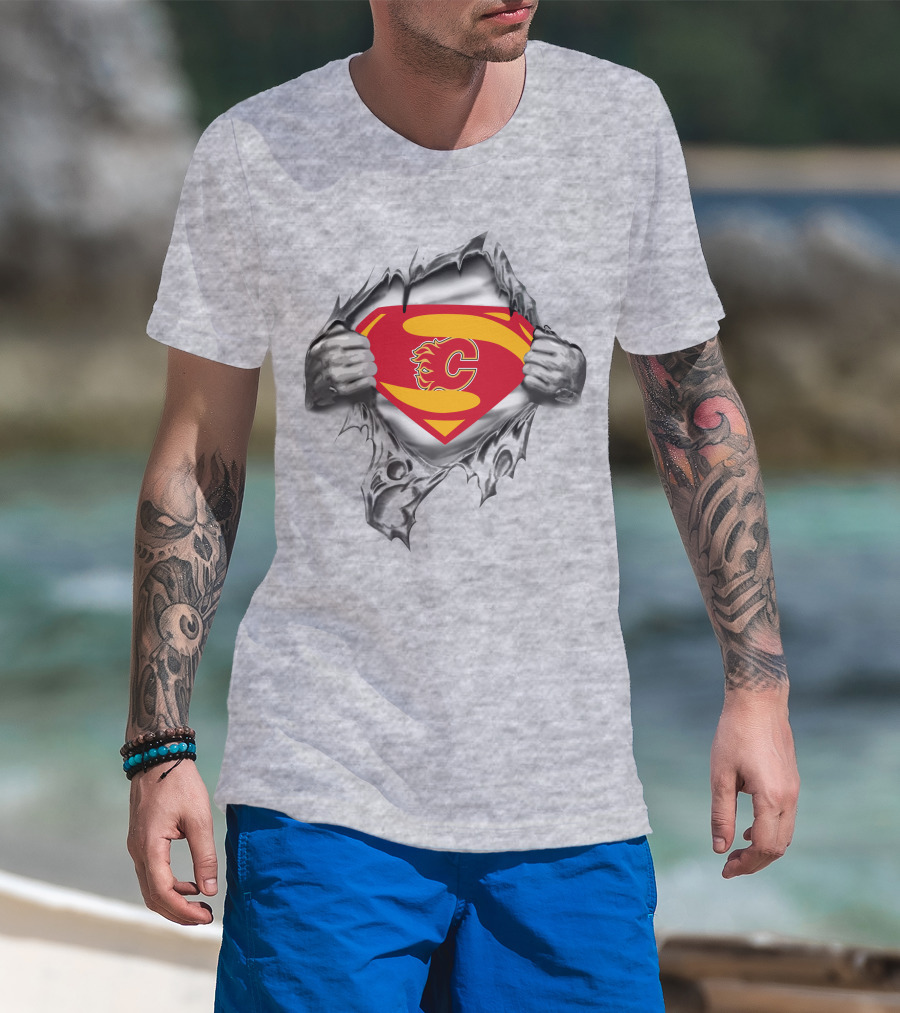 Calgary Flames Superman Logo Peeking Through Ripped Costume T-Shirt