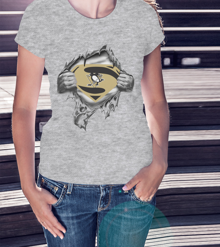 Pittsburgh Penguins Superman Emblem Unveiling Hockey Fan Fusion T-Shirt