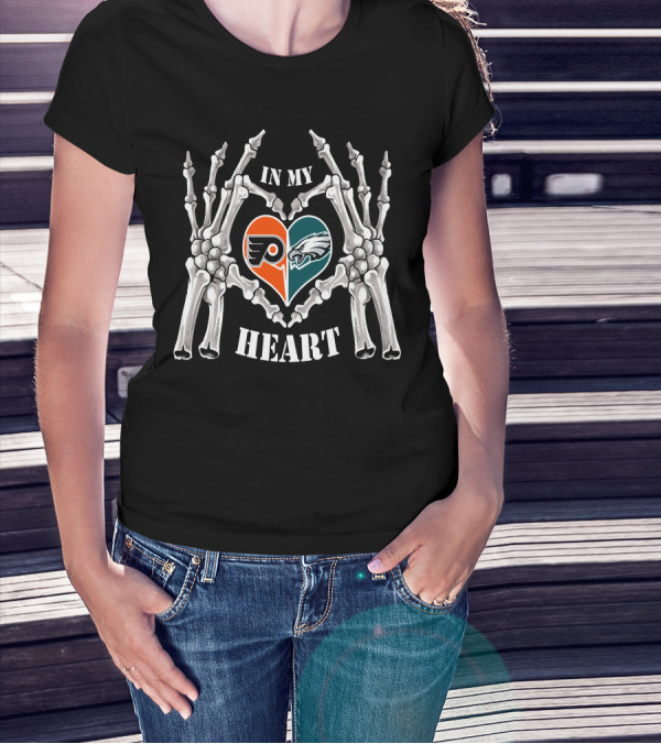 In My Heart Flyers Eagles Skeleton Hands Heart-Shaped T-Shirt