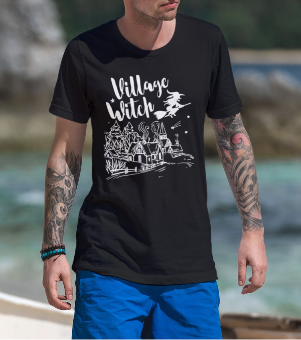Village Witch Flying Over Enchanted Village Scene T-Shirt