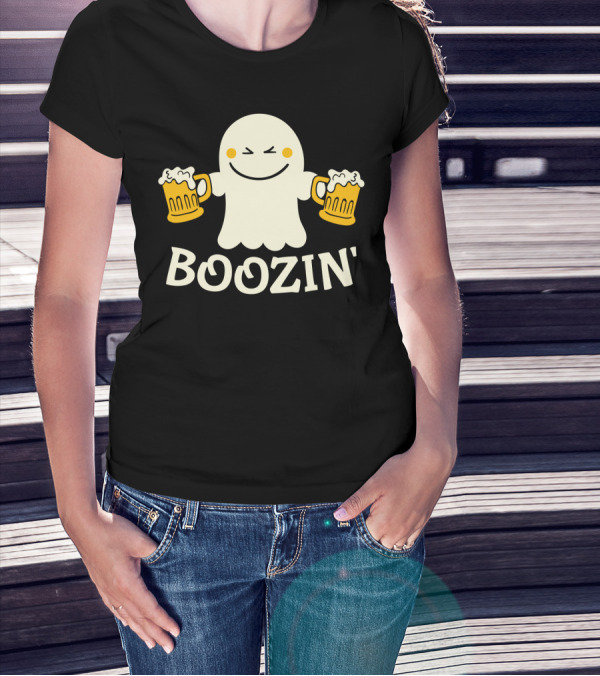 Boozin Ghost With Beer Mugs Halloween Fun T-Shirt