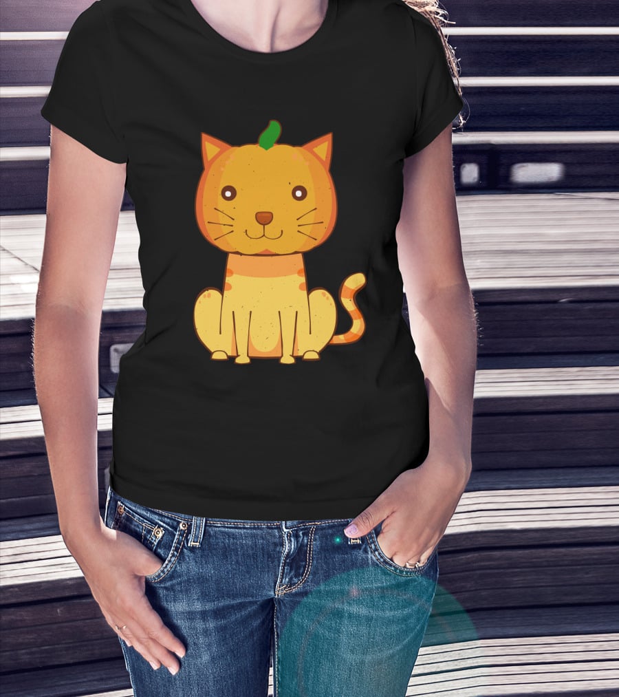 Halloween Pumpkin Cat Face And Striped Tail Whiskers T-Shirt