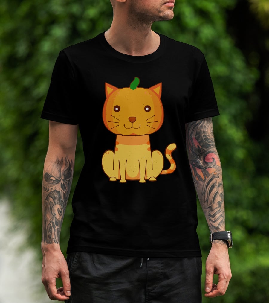 Halloween Pumpkin Cat Face And Striped Tail Whiskers T-Shirt