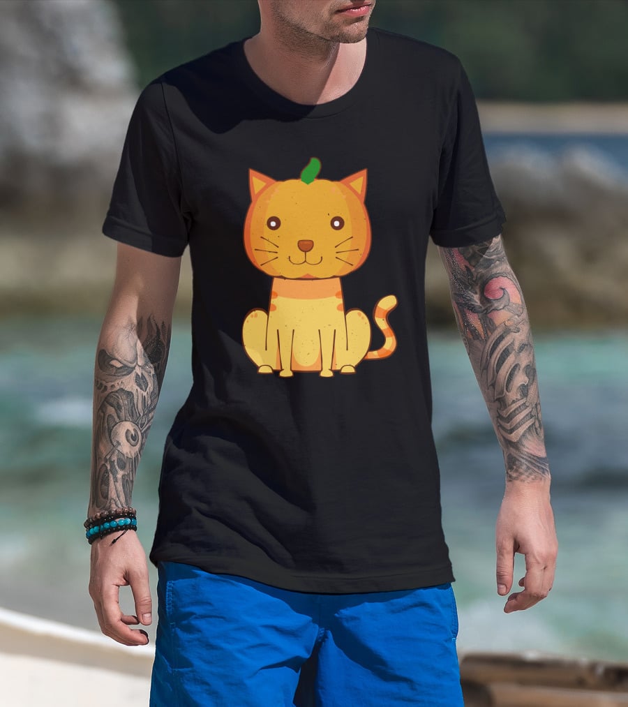 Halloween Pumpkin Cat Face And Striped Tail Whiskers T-Shirt