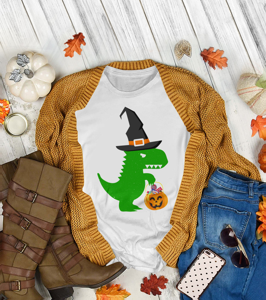 Witch Hat Dinosaur with Pumpkin Candy Bucket Halloween T-Shirt
