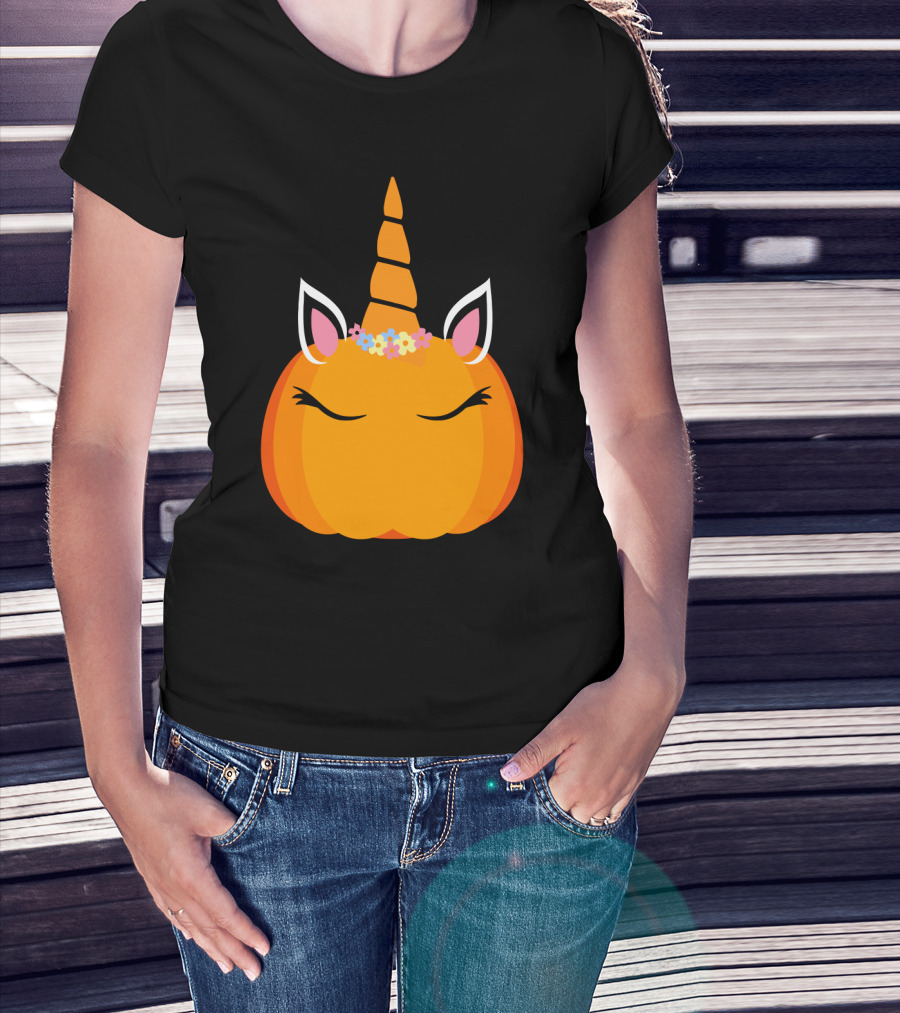 Unicorn Pumpkin With Floral Crown And Sleepy Eyes T-Shirt