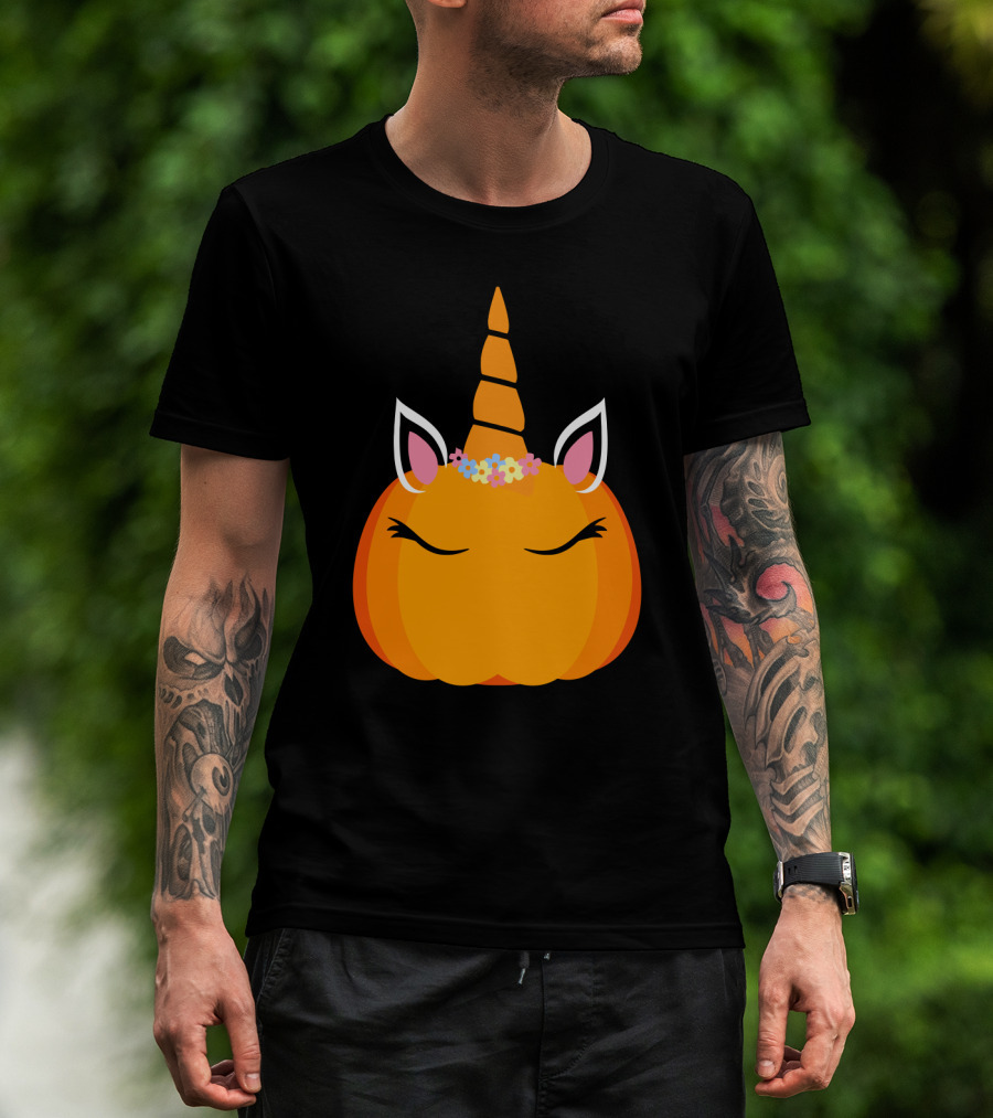 Unicorn Pumpkin With Floral Crown And Sleepy Eyes T-Shirt