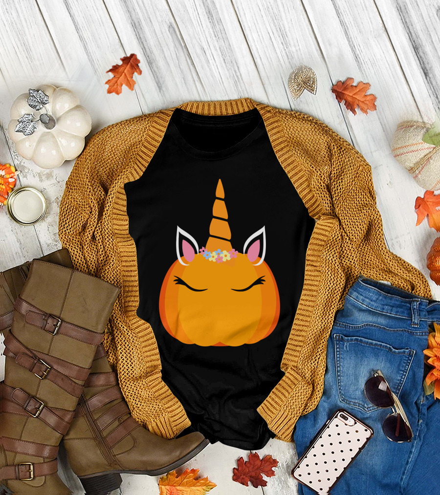Unicorn Pumpkin with Floral Crown and Sleepy Eyes T-Shirt