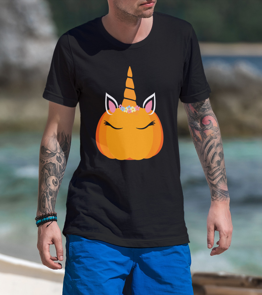 Unicorn Pumpkin With Floral Crown And Sleepy Eyes T-Shirt