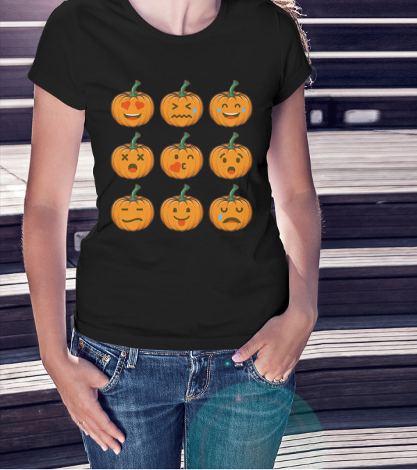 Nine Cute Pumpkin Emoji Expressions With Heart Eyes And Tears T-Shirt