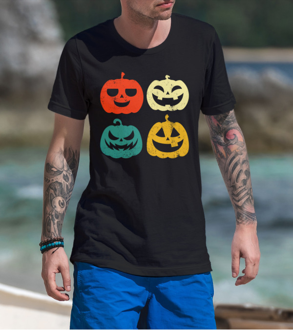 Retro Vintage Pumpkin Halloween Faces Quad Color Grid T-Shirt