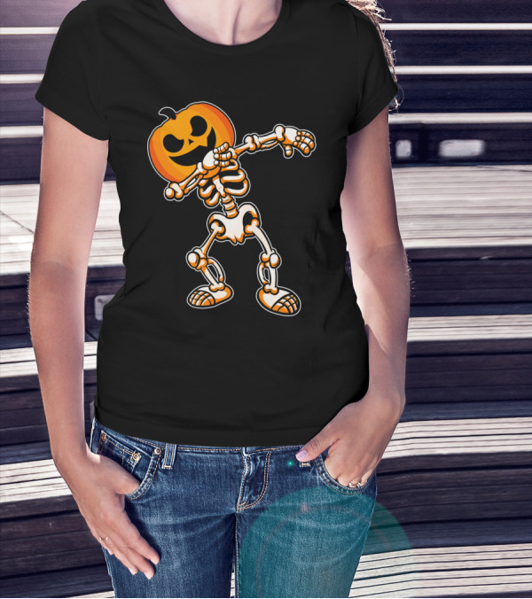 Dabbing Skeleton With Pumpkin Head Halloween Humor T-Shirt