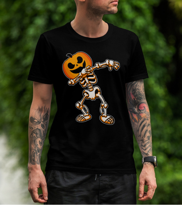 Dabbing Skeleton With Pumpkin Head Halloween Humor T-Shirt