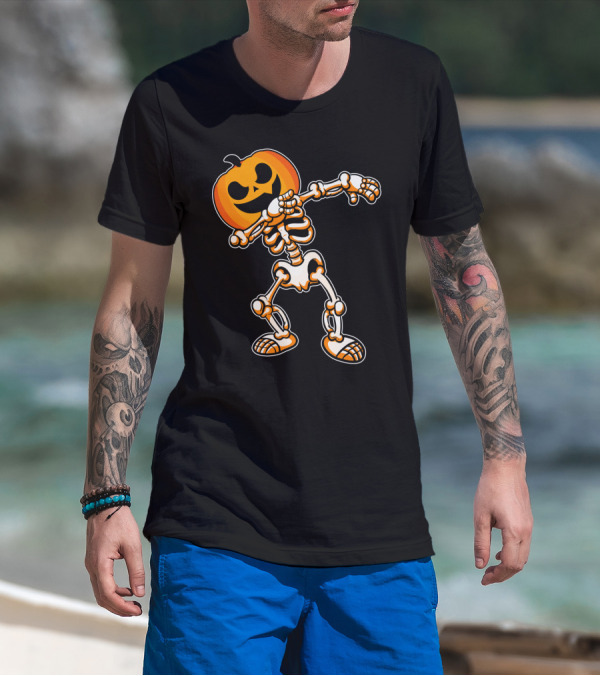Dabbing Skeleton With Pumpkin Head Halloween Humor T-Shirt