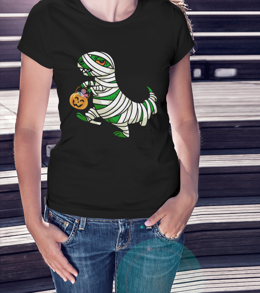 Mummy Dinosaur With Halloween Pumpkin And Candy Basket T-Shirt