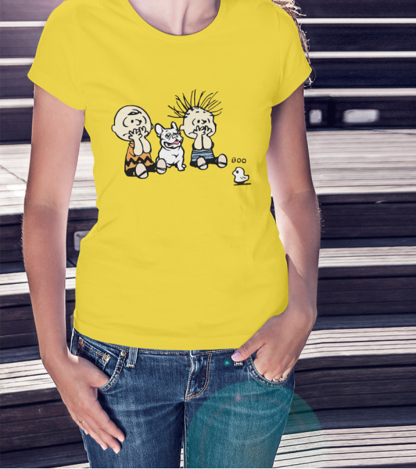 Frenchie Boo Cartoon Characters Surprise Yellow Background T-Shirt