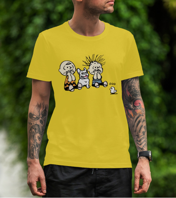 Frenchie Boo Cartoon Characters Surprise Yellow Background T-Shirt