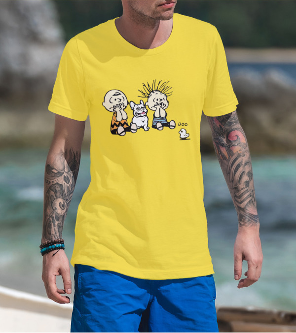 Frenchie Boo Cartoon Characters Surprise Yellow Background T-Shirt