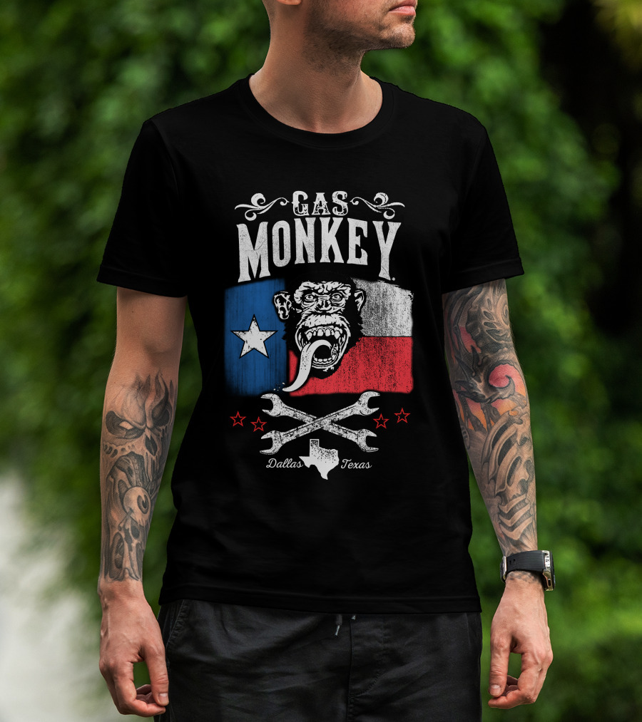 Gas Monkey Garage Dallas Texas Lone Star Flag Monkey Logo Wrenches Stars T-Shirt