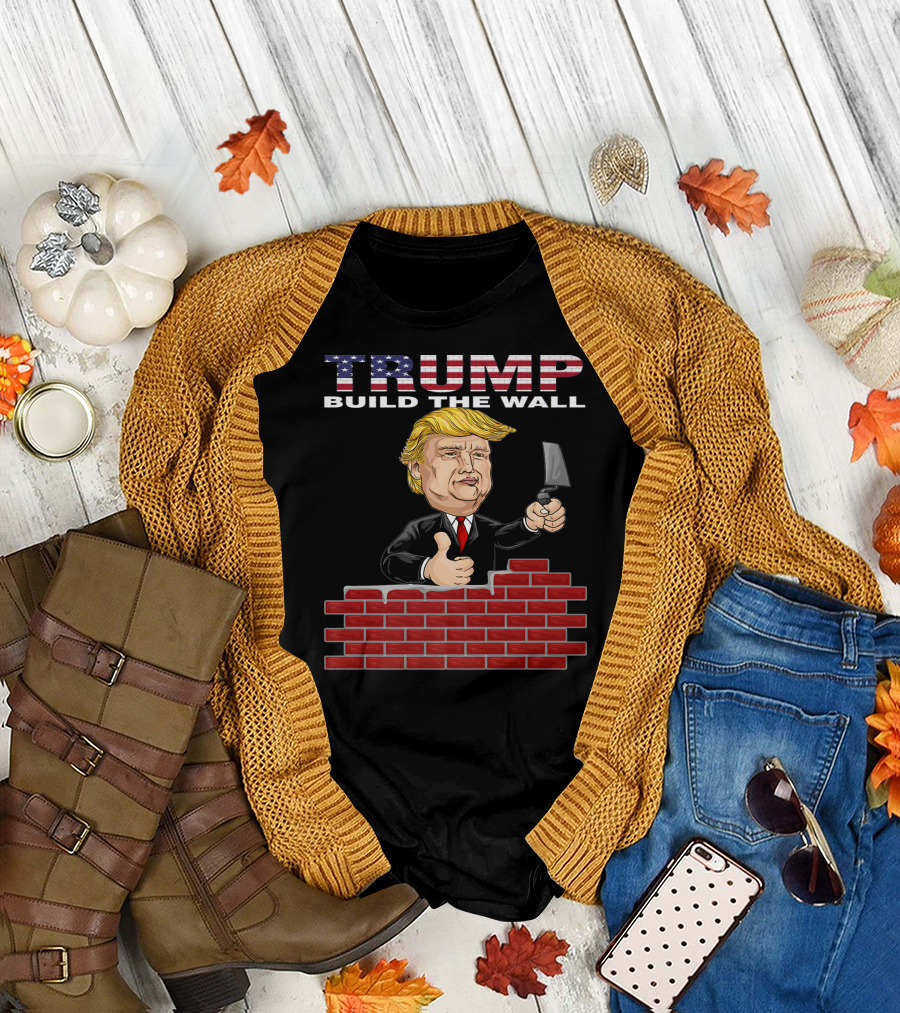 TRUMP Build The Wall Cartoon Graphic with Brick Wall T-Shirt
