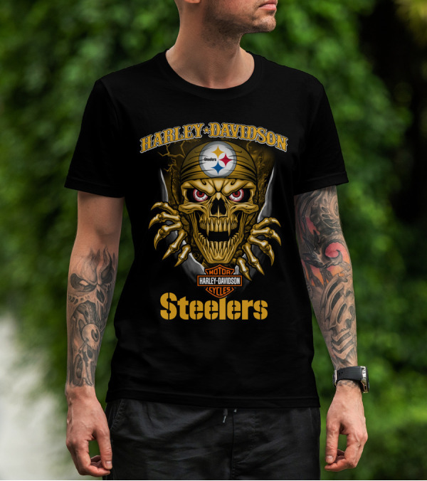 Harley Davidson Skull Steelers Moto Nfl Pittsburgh Steelers T-Shirt