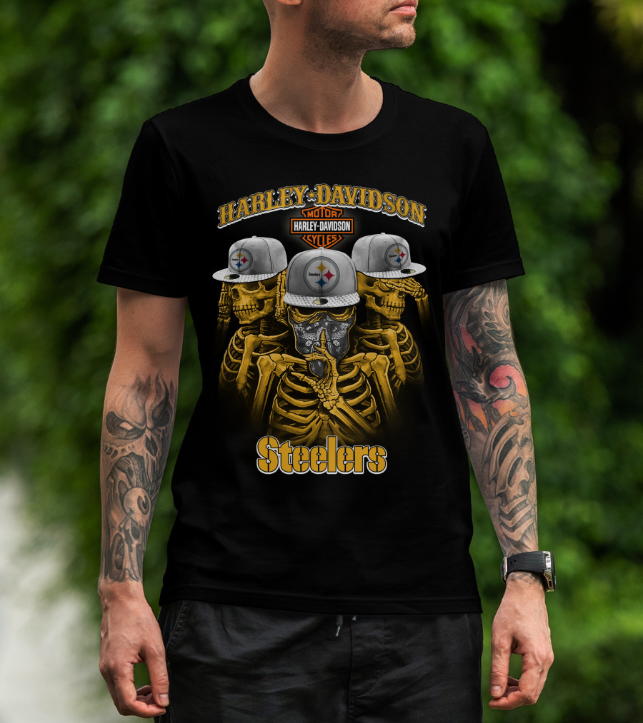 Harley Davidson Motor Cycles Steelers Skull Trio T-Shirt