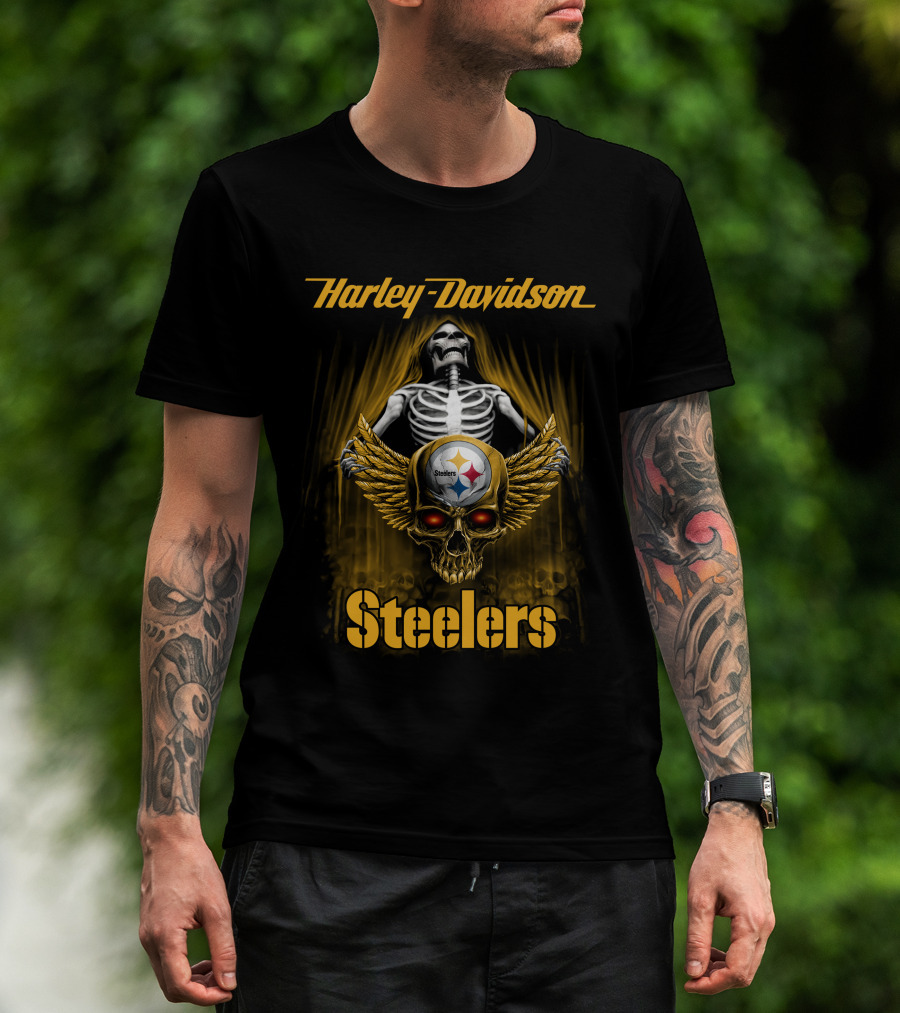 Harley Davidson Steelers Skull With Wings Skeleton T-Shirt