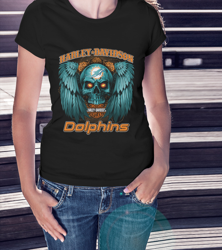 Harley Davidson Miami Dolphins Skull Wings T-Shirt