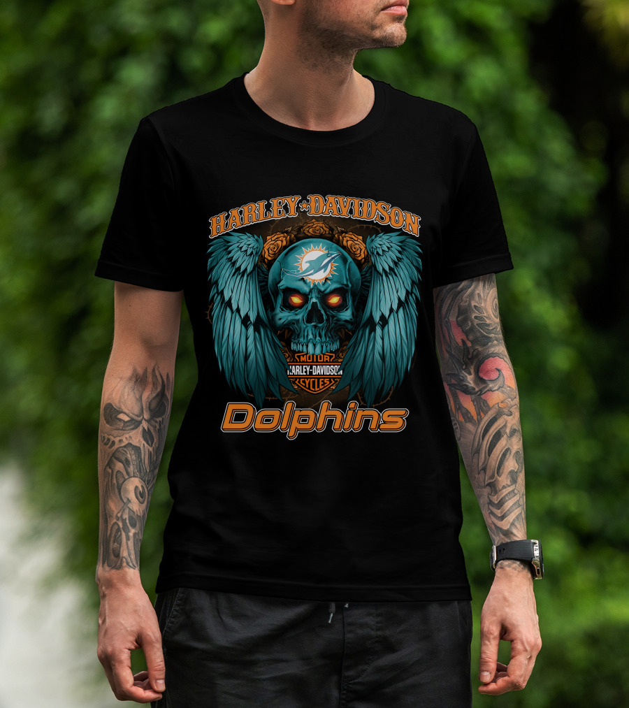 Harley Davidson Miami Dolphins Skull Wings T-Shirt