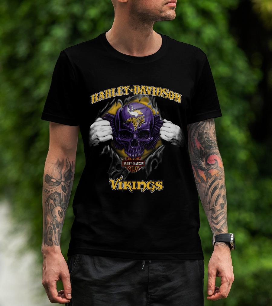 Harley Davidson Nfl Skull Minnesota Vikings Cycles T-Shirt