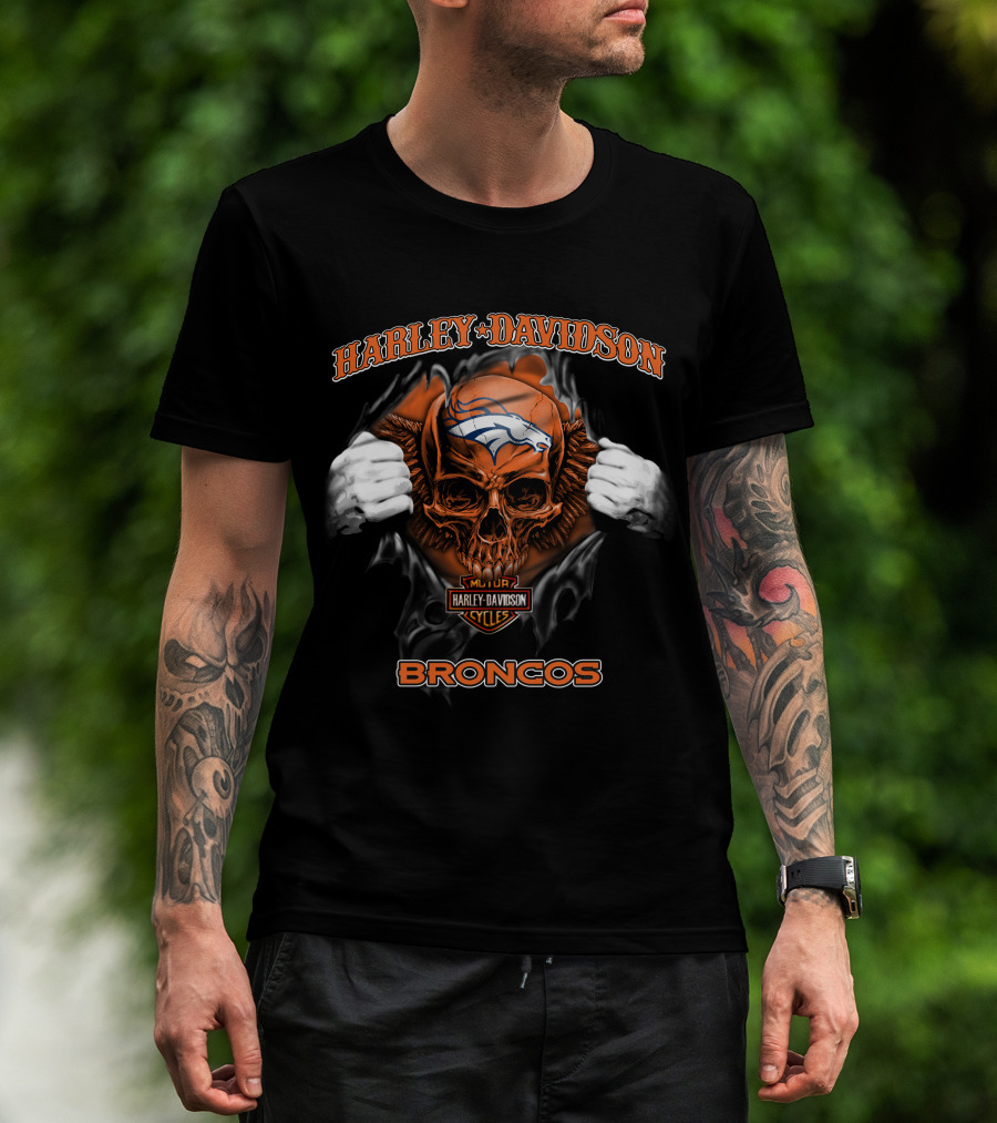 Harley Davidson Skull Denver Broncos Nfl Cycles T-Shirt