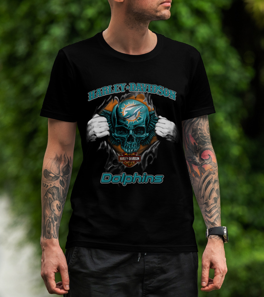 Harley Davidson Miami Dolphins Skull Nfl Cycles T-Shirt
