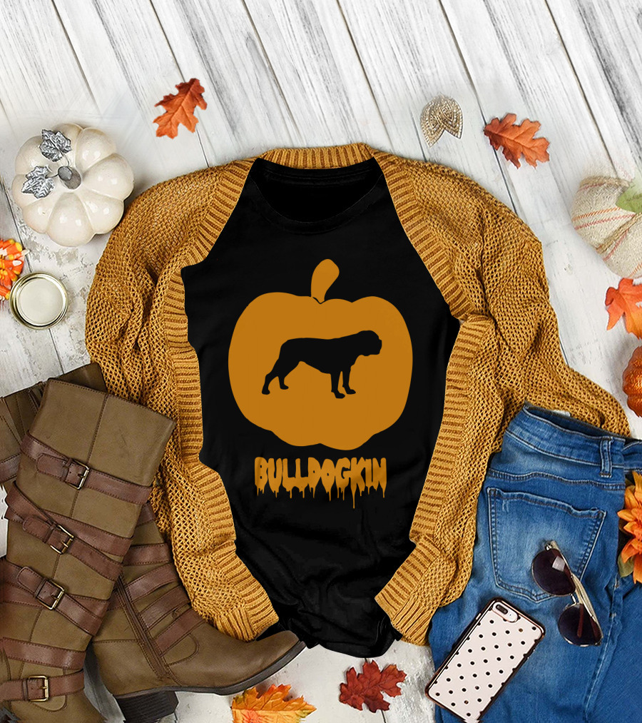 Bulldog Silhouette Inside Pumpkin with Bulldogkin Text T-Shirt