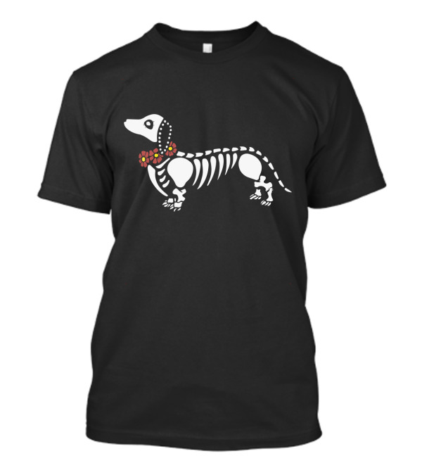 Dachshund Dog Skeleton With Festive Red Flowers Garland T-Shirt