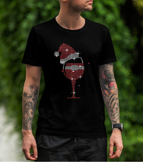 Sparkling Santa Hat On Red Wine Glass Festive Holiday T-Shirt