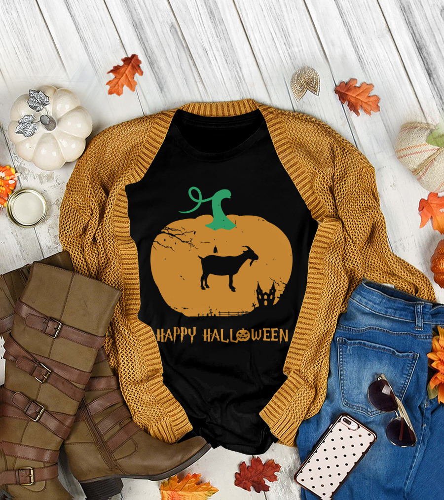 Happy Halloween Goat Silhouette in Pumpkin with Haunted House Scene T-Shirt