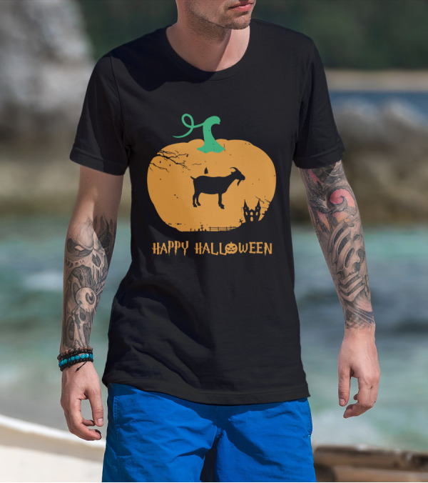 Happy Halloween Goat Silhouette In Pumpkin With Haunted House Scene T-Shirt