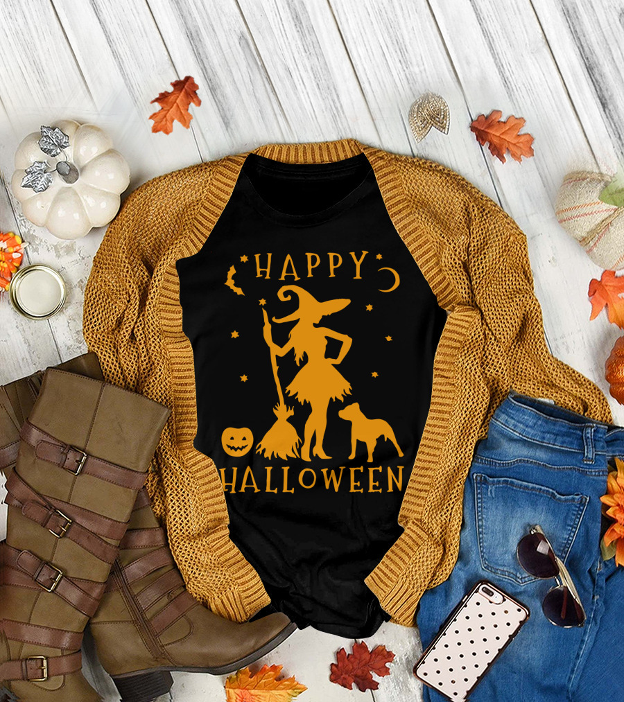 Happy Halloween Witch with Pitbull and Pumpkin T-Shirt