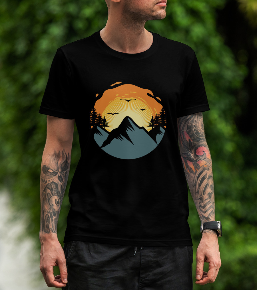 Sunrise Over Mountain Silhouette With Trees And Birds T-Shirt