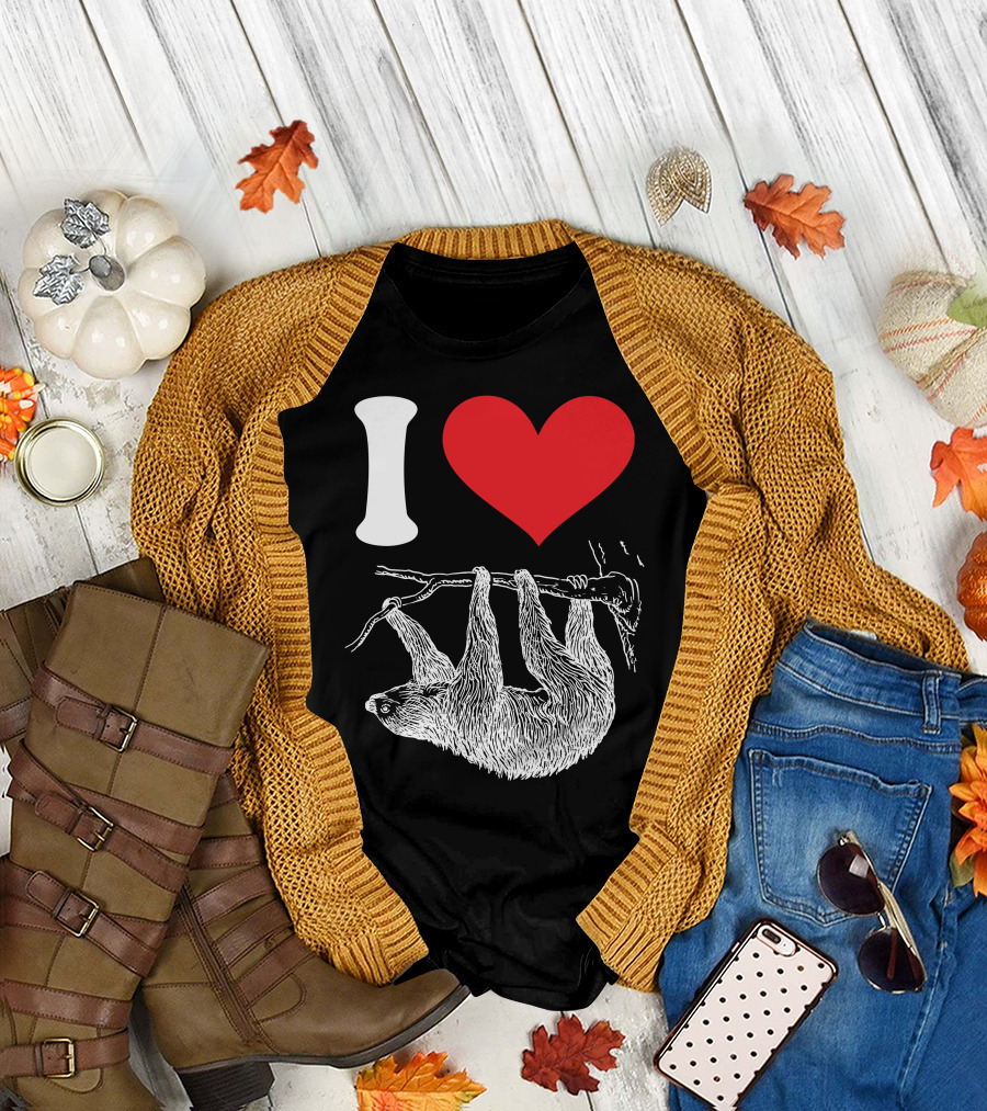 I Love Sloth Hanging on Branch Cute Animal Enthusiast T-Shirt