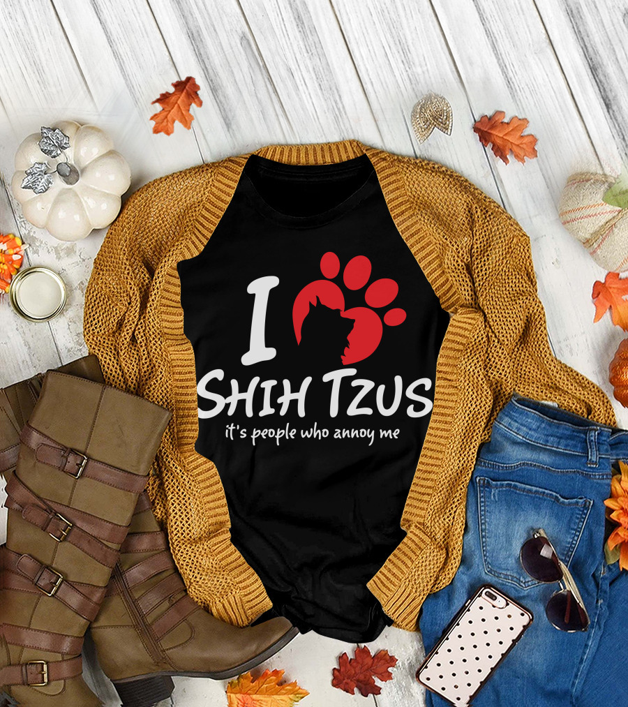 I Love Shih Tzus Red Paw Silhouette It's People Who Annoy Me T-Shirt