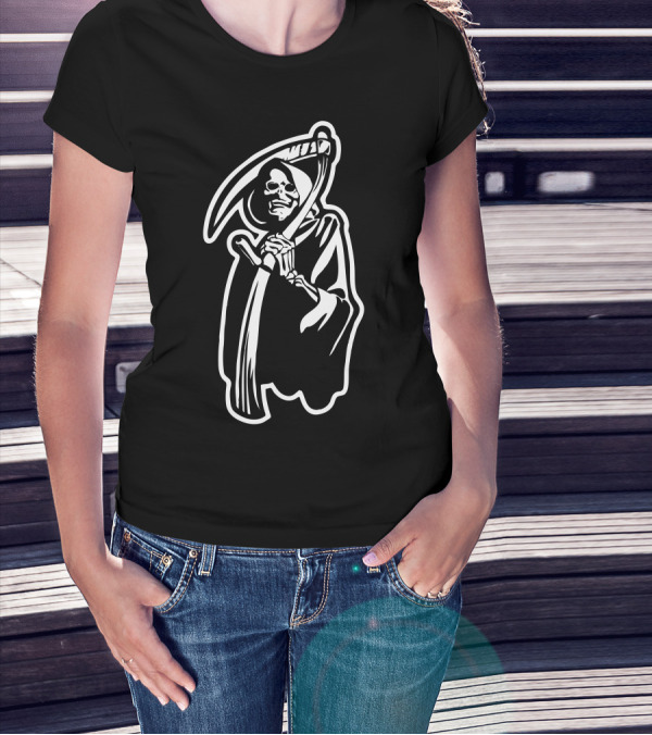 Grim Reaper Scythe Black Cloaked Skeleton T-Shirt
